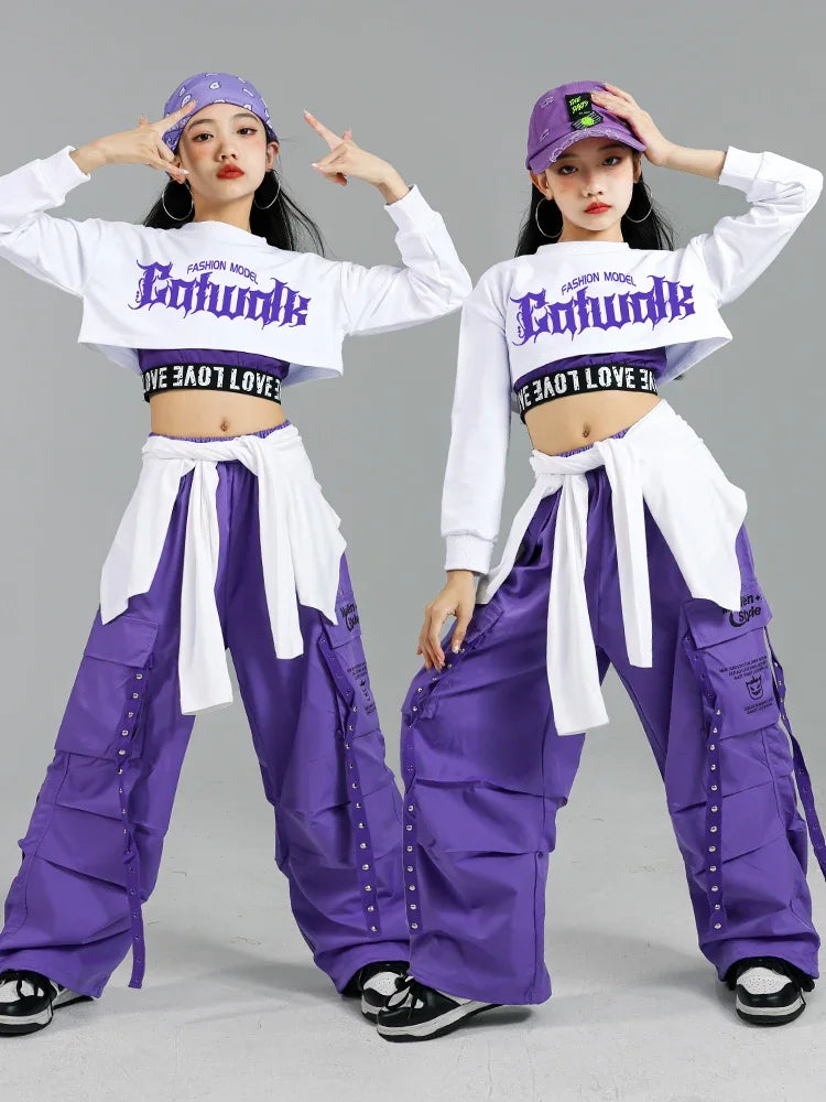 Girls K-Pop Street Dance Outfit: Purple Crop Top & Cargo Pants