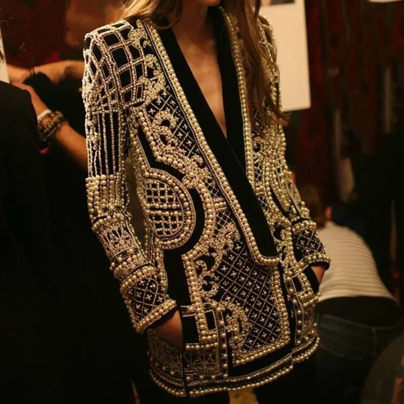 Pearl Embroidery Female Jacket, Full Sleeve Slim Jackets, V Neck, Hidden Button Print Suit, Large Size, Fall Fashion SS69