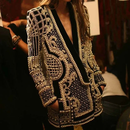 Pearl Embroidery Female Jacket, Full Sleeve Slim Jackets, V Neck, Hidden Button Print Suit, Large Size, Fall Fashion SS69