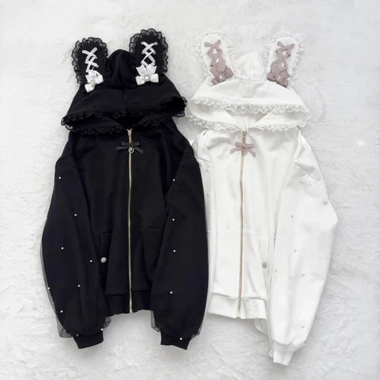 CHUJIECN Women's Japanese Kawaii Bunny Ear Hoodie with Lace and Zipper