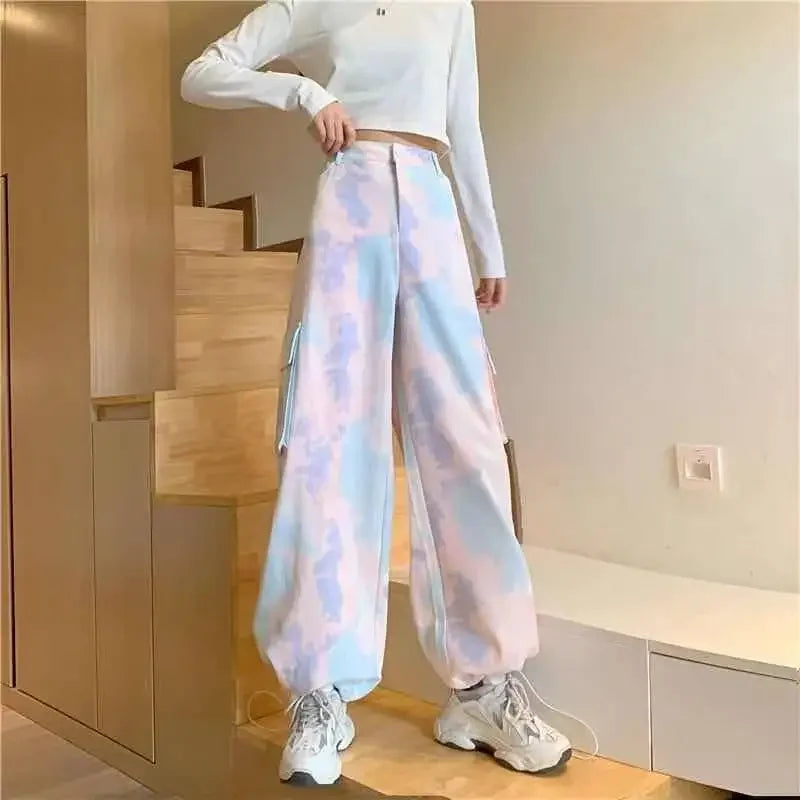 Women Harajuku Tie Dye Cargo Pants Spring Summer New Korean Fashion Streetwear High Waist Loose Versatile Sports Casual Trousers SS69