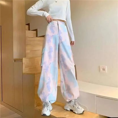 Women Harajuku Tie Dye Cargo Pants Spring Summer New Korean Fashion Streetwear High Waist Loose Versatile Sports Casual Trousers SS69