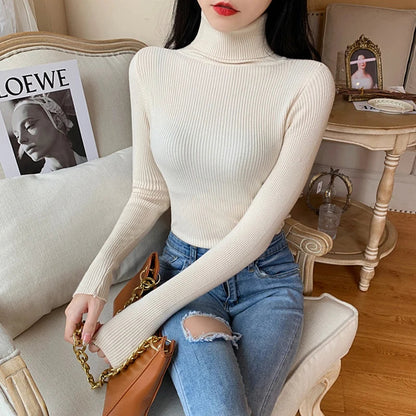2025 Autumn Winter Women Long Sleeve Knitted Foldover Turtleneck Ribbed Pull Sweater Soft Warm Femme Jumper Pullover Clothes SS69 13.69 One Size / beige
