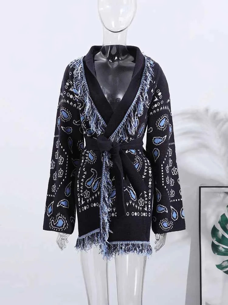 Vintage Tassels Print Women's Print Cardigan V-Neck Lace Up Full Sleeve Spliced Sweaters 2025 Autumn Lady All-match Kintwears