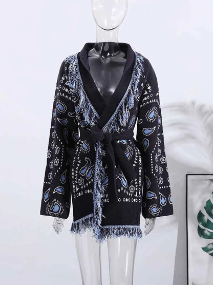 Vintage Tassels Print Women's Print Cardigan V-Neck Lace Up Full Sleeve Spliced Sweaters 2025 Autumn Lady All-match Kintwears