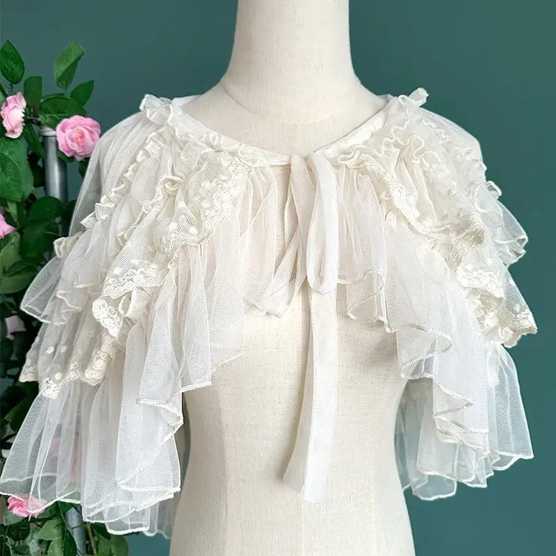 Women's Lace Mesh Short Shawl Poncho - Open Front Ruffled Collar