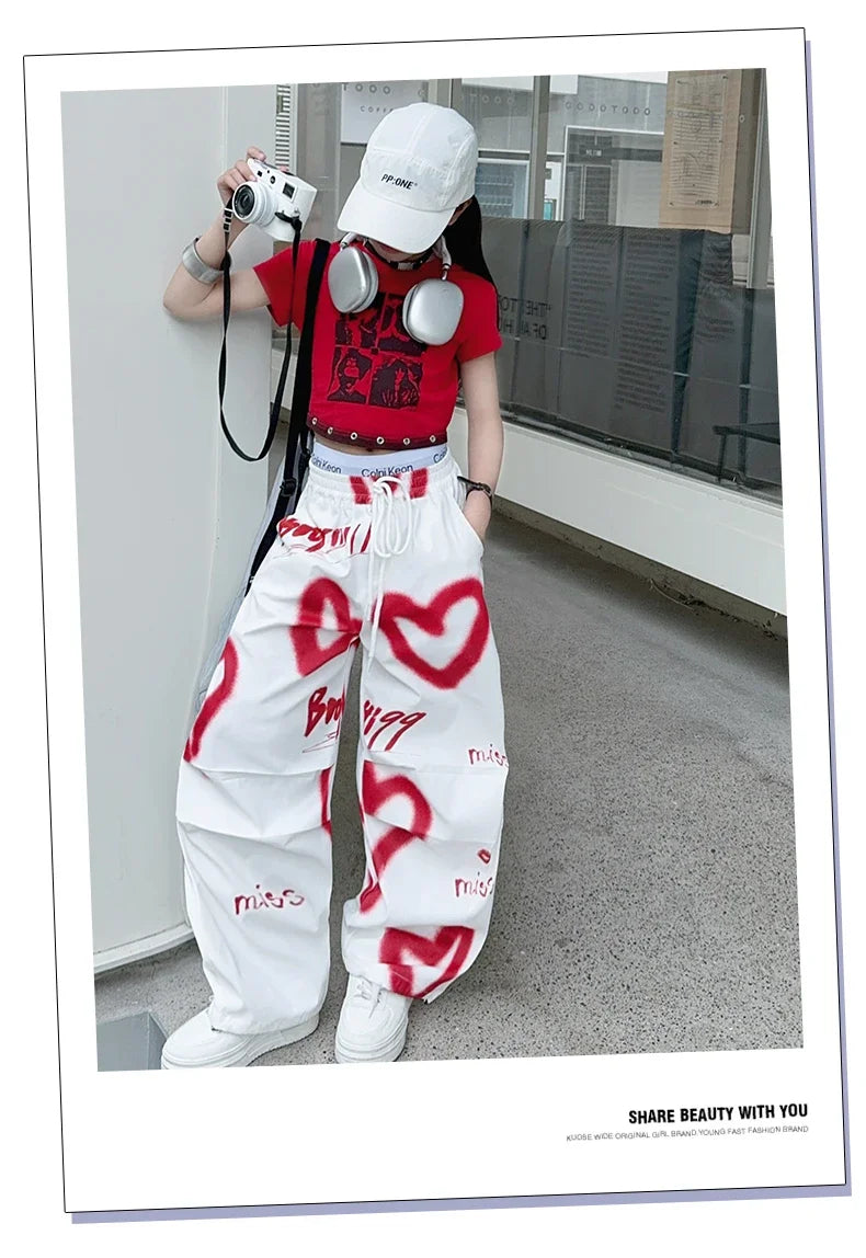 summer junior Girls Love Graffiti Casual Pants teenager girl Casual Hip Hop cargo pants kids Dance pants children clothes - SS69