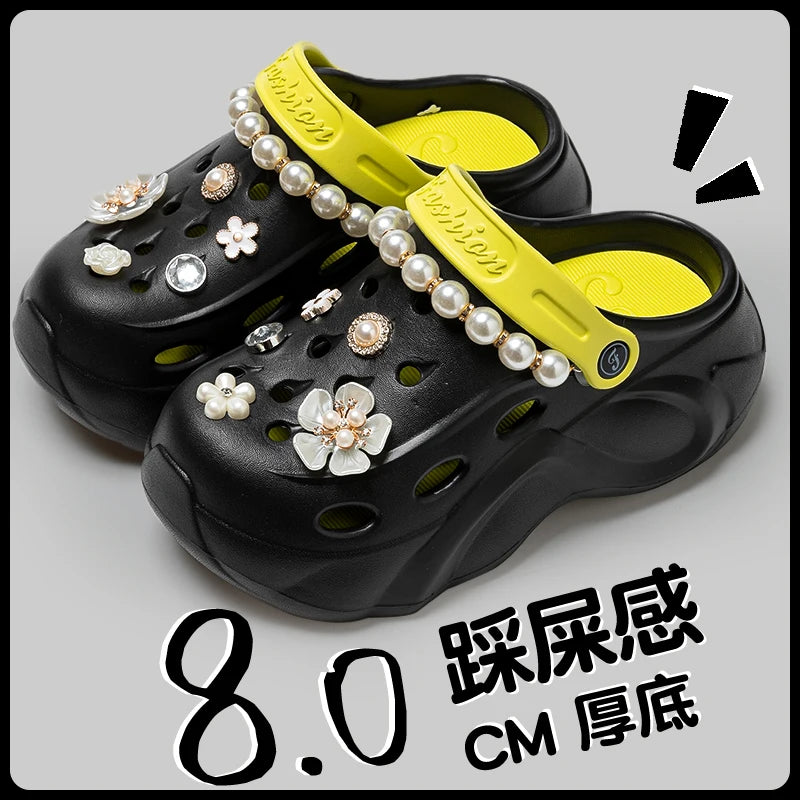 Summer Fashion Pearl Chain DIY Clogs Women 2025 Chunky Platform Slip On Sandals Women Thick Bottom EVA Slippers Shoes Woman Heel