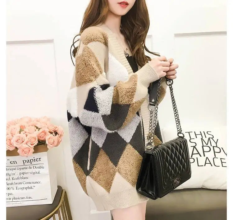 Women's Loose Knit Cardigan Sweater - V-Neck Button Front