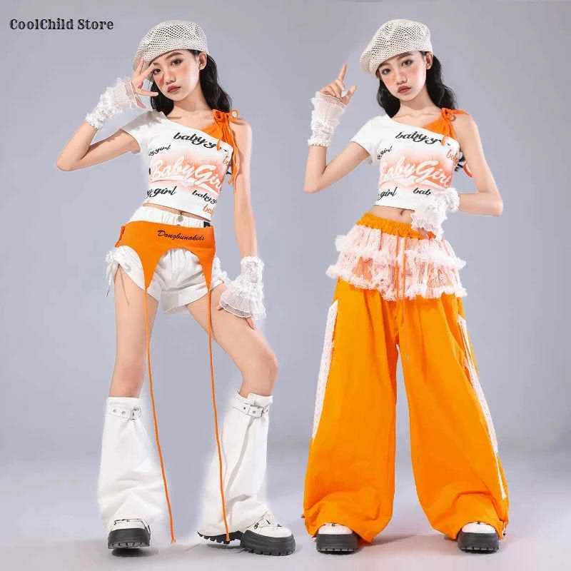 Girls K-pop Off Shoulder Crop Top Lace Cargo Pants Dance Shorts Kids Hip Hop Streetwear Children Jazz Girl Group Clothes Sets