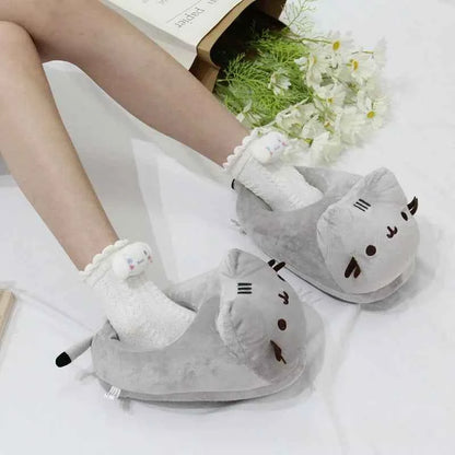 Cartoon Full Covered Cat Slippers Warm Winter Slides Soft Plush Doll Indoor Cute Anime Bedroom Shoes  Home Use