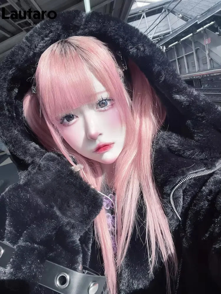 Lautaro Autumn Winter Thick Warm Faux Fur Coat Women with Hood Zipper Luxury Japanese Style Punk Harajuku Fluffy Jacket 2026