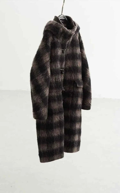 Plaid Coat~ Retro Style Horn Button Mid-Length Coat Women's Alpaca Wool Coat 2025 Winter British Style
