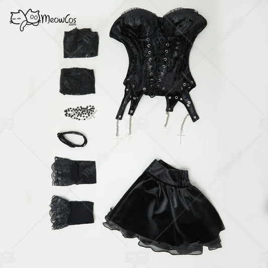 MEOWCOS Women's Misa Gothic Black Corset and Layered Skirt Set with Gloves