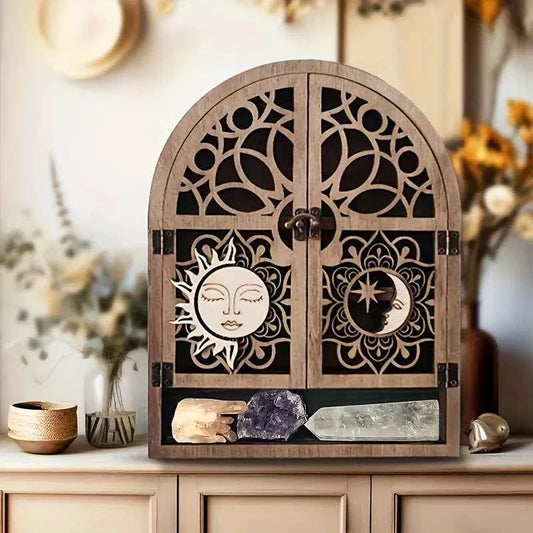 Vintage Wooden Floating Shelves With Sun And Moon Design, Wall Hanging Storage For Crystals,  For Various Room Types