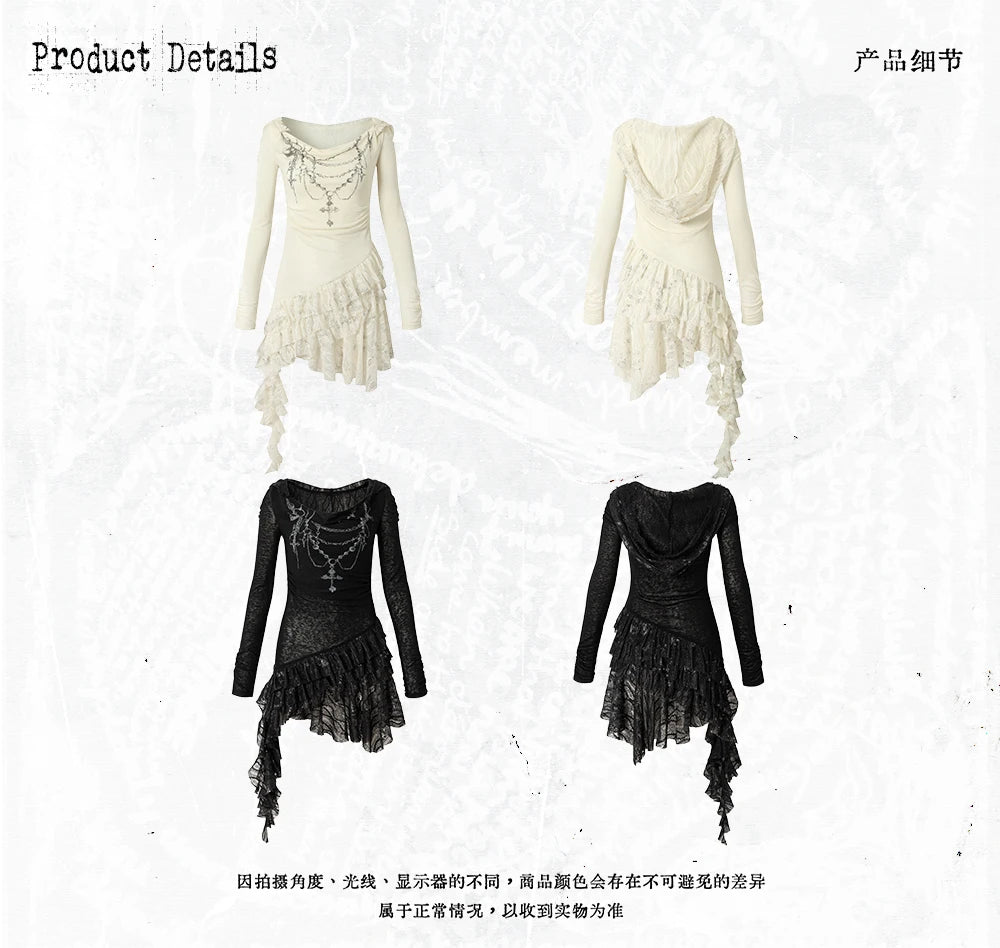 NO ROMANCE Fairy Sexy Punk Printing Half Transparent Lace Patch Knitted Long Sleeve Hooded Dresses Rock Gothic Design Vestidos SS69