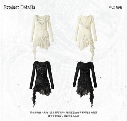 NO ROMANCE Fairy Sexy Punk Printing Half Transparent Lace Patch Knitted Long Sleeve Hooded Dresses Rock Gothic Design Vestidos SS69