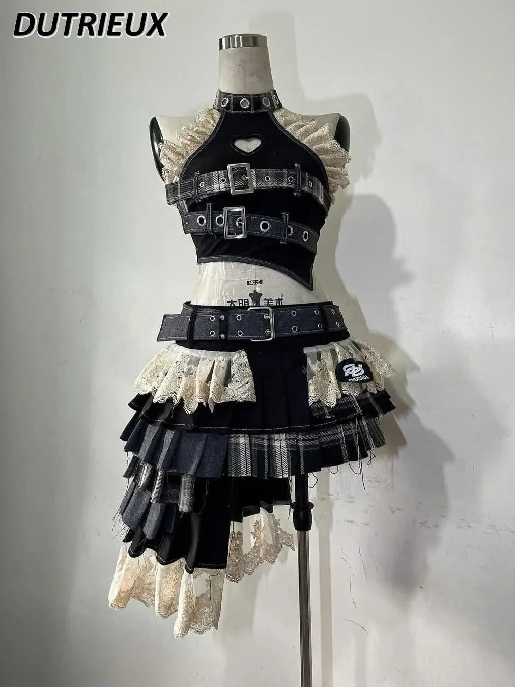 Harajuku Retro Summer New Girl Multi-layer Pleated Skirt Suit Heavy Industry Women's 2 Piuece Sets Lace Splicing Irregular Top SS69