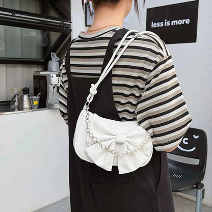 Trendy Pearl Bow Shoulder Bag Underarm Bag Daily Commuting Bag Casual Handbag Solid Business Women's Bag