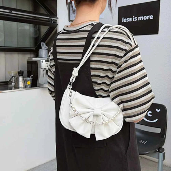 Trendy Pearl Bow Shoulder Bag Underarm Bag Daily Commuting Bag Casual Handbag Solid Business Women's Bag