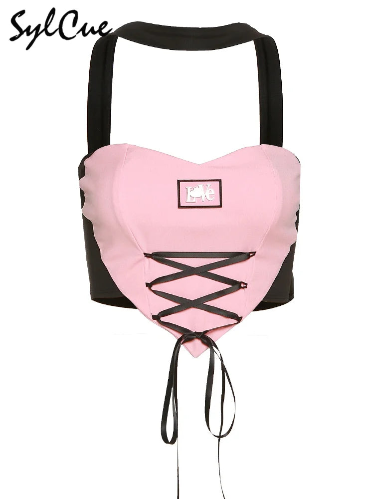 Sylcue Stitching Pink Sexy Hanging Neck Elastic Outer Wear Mature Charm Hot High Street Royal Sister Women's Vest Short Top SS69