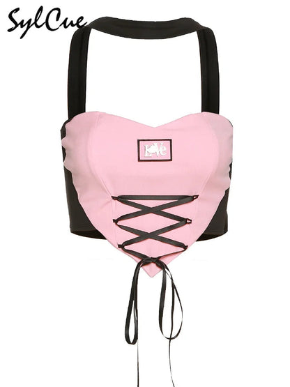 Sylcue Stitching Pink Sexy Hanging Neck Elastic Outer Wear Mature Charm Hot High Street Royal Sister Women's Vest Short Top SS69