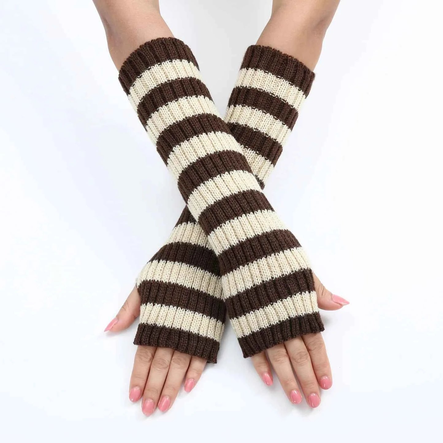 Women's Knitted Fingerless Arm Sleeves Gothic Style Striped Winter Long Arm Warmers Girls Harajuku Y2K Fashion Wrist Gloves