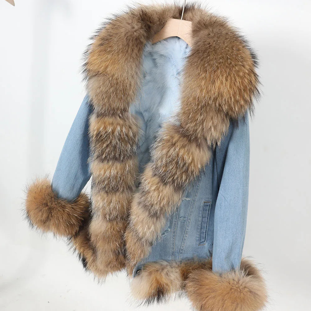 2026 MAOMAOKONG Winter Clothing Women's Denim Jacket Detachable Fox Fur Lining With Real Raccoon Fur Collar Jean Jacket Fur Coat