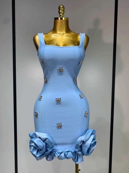 Women Sexy Square Collar Sparkly Rhinestone Bodycon Mini Bandage Dress Celebrate Evening Party Elegant Luxury Birthday Dress