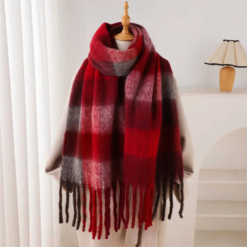 RUNMEIFACN Women's Winter Plaid Cashmere Blend Scarf with Tassels
