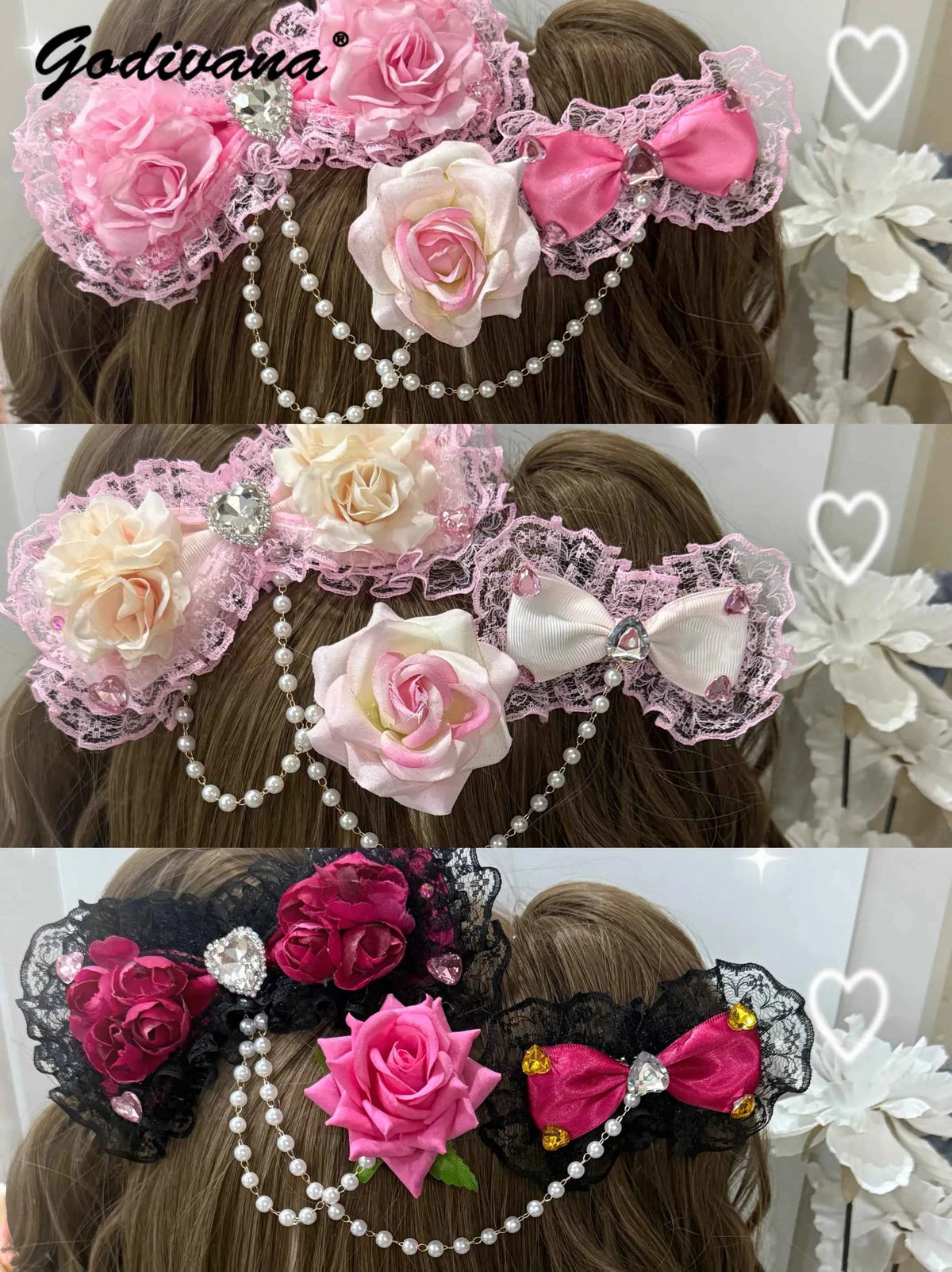 SS69 Lolita Lace Bow Hairpin with Pearl Chain and Floral Accents
