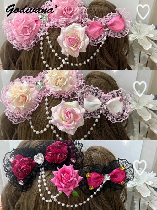 SS69 Lolita Lace Bow Hairpin with Pearl Chain and Floral Accents