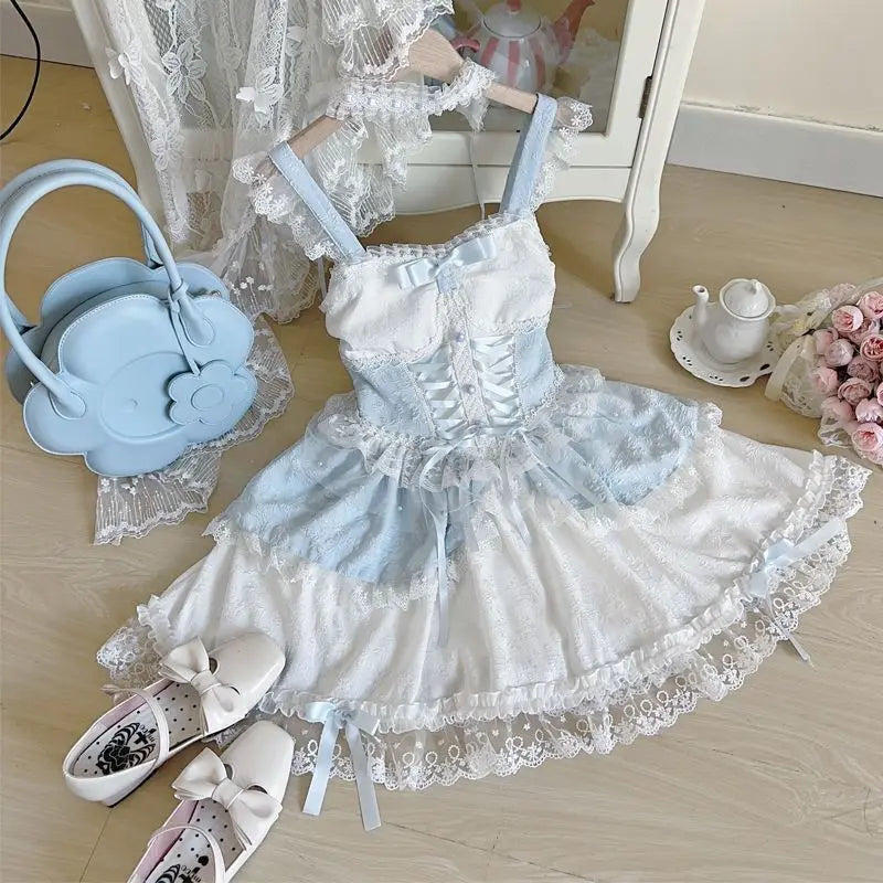 French Lolita Strap Dress Lace Patchwork Cosplay Outfit Y2K Vintage Elegant Girls Sweet Party Kawaii Dress Women Clothing 2026