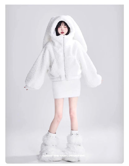 Lautaro Autumn Winter Sweet Cute Lovely Warm Soft White Short Faux Fur Coat Women  with Bunny Ears Fluffy Jacket Hoodie 2023 SS69