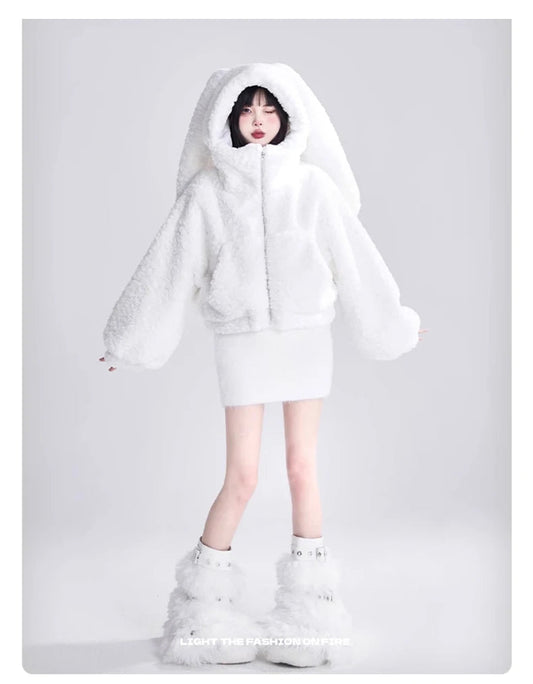 Lautaro Autumn Winter Sweet Cute Lovely Warm Soft White Short Faux Fur Coat Women  with Bunny Ears Fluffy Jacket Hoodie 2023 SS69
