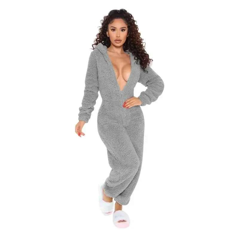 BWQ Womens Winter Warm Onesie Pajamas Fuzzy Fleece Zipper Up Bear Ear Hooded Romper Jumpsuits Sleepwear Loungewear