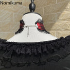 Japanese Gothic Woman Tshirts Y2k Tops Slim Waist Bandage Tees Patchwork Lace Print Long Sleeve Black T Shirt 2025 Ropa Mujer SS69
