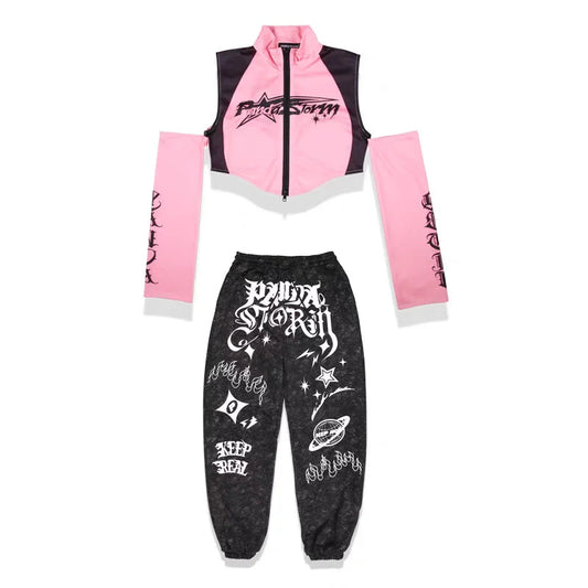 Hip Hop Dance Costume for Girls Pink Tops Black Pants Teenagers Boys Jazz Dance Performance Clothes Kpop Outfits Kids Stage Wear SS69 75.69 girl sets A / 170