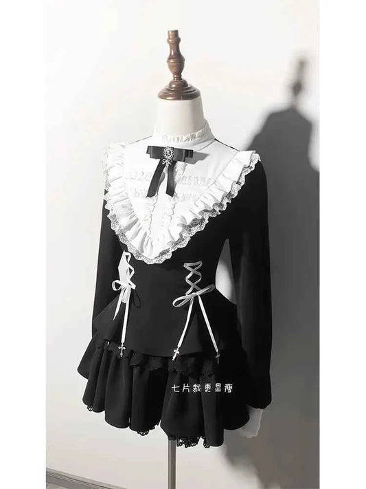 2025 Autumn Gothic Lolita Dress Sweet Heart Black Bow - Elegant Long Sleeve Short Dress with Lace Trim Slim Fit Waist for Women
