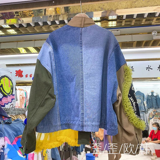 Women Floral Embroidery Sequined Trench Coats Mesh Spliced Ruffles Denim Jacket Hairballs Tassels Jeans Cardigan Streetwear Tops SS69