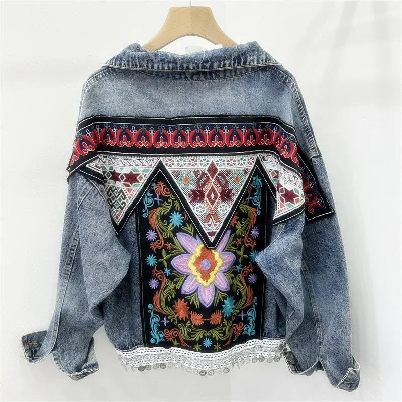 Streetwear Fashion Embroidery Sequins Denim Jacket Women Cowboy Outerwear Autumn Vintage Blue Big Pocket Jeans Jackets Female SS69 72.69 Blue / M