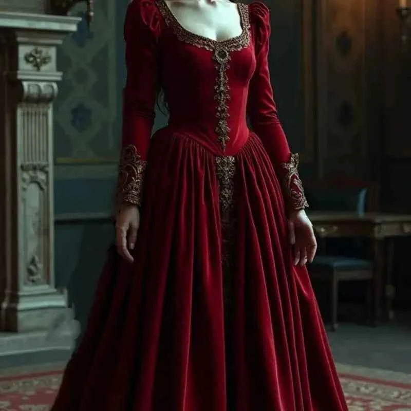 Vintage Baroque Evening Dresses Scoop Neckline Long Sleeves Satin Renaissance Prom Occasion Gown Masquerade Costume Customized