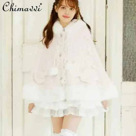 Autumn and Winter Japanese Liz Furry Knitted Cape Coat Sweet Girls Women Mine Series Cute Bow Princess Hooded Kawaii Lolita Coat
