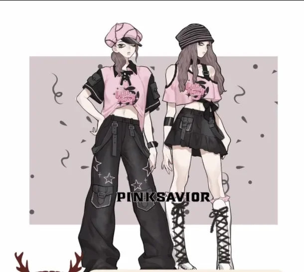 Black Pink Y2K Clothing Set Hot Girls Strapless Strap Short Sleeve T-shirt Slimming Jeans Long Pants Female 4 Piece Set Outfits SS69