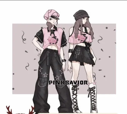 Black Pink Y2K Clothing Set Hot Girls Strapless Strap Short Sleeve T-shirt Slimming Jeans Long Pants Female 4 Piece Set Outfits SS69