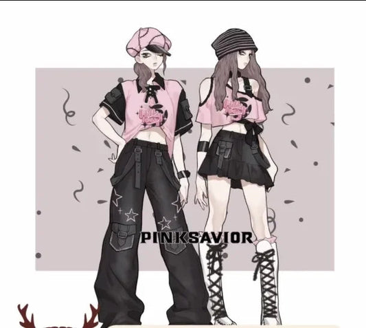 Black Pink Y2K Clothing Set Hot Girls Strapless Strap Short Sleeve T-shirt Slimming Jeans Long Pants Female 4 Piece Set Outfits SS69