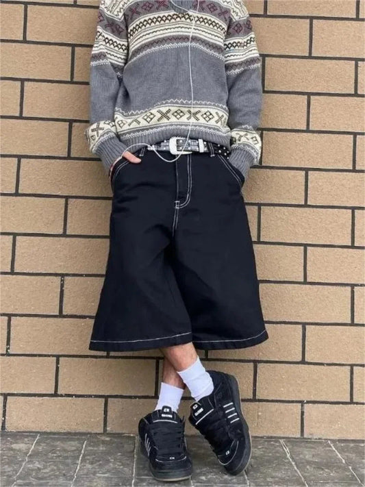 HOUZHOU Y2k Vintage Baggy Jeans Shorts Woman Streetwear Jorts Korean Harajuku Gothic Oversized Denim Pants Embroidery Summer SS69