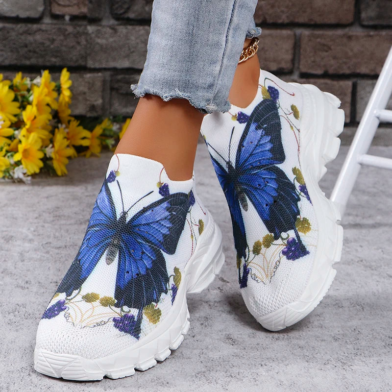 Fashion Butterfly Print Platform Sneakers for Women 2025 Autumn Non Slip Knitted Sports Shoes Woman Thick Sole Slip On Sneakers