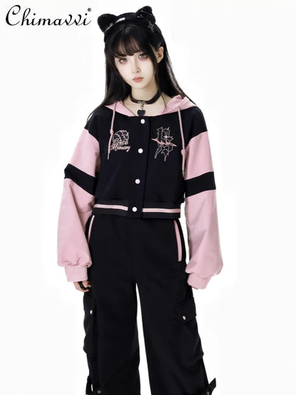 Pink and Black Splicing Color Hooded Baseball Jacket Casual Pant Sets 2025 Spring and Autumn Sweet Cool Girl Students Outfits SS69