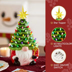 12” Gnome Ceramic Tree Light up Tabletop Xmas Decor with 60 LED Lights Ceramic Tree with Christmas Themed Design Xmas Holiday Indoor Office Table Fireplace Decoration